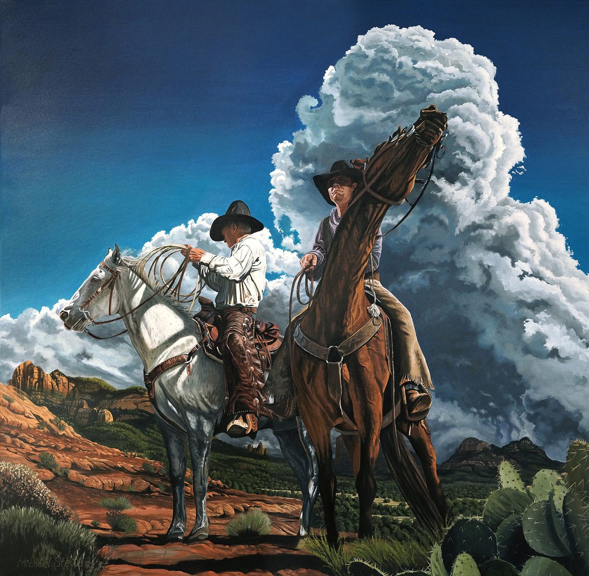 Photorealistic Landscape Oil Painting By Michael Steward, 53 X 54", The Work Begins, Original Artwork