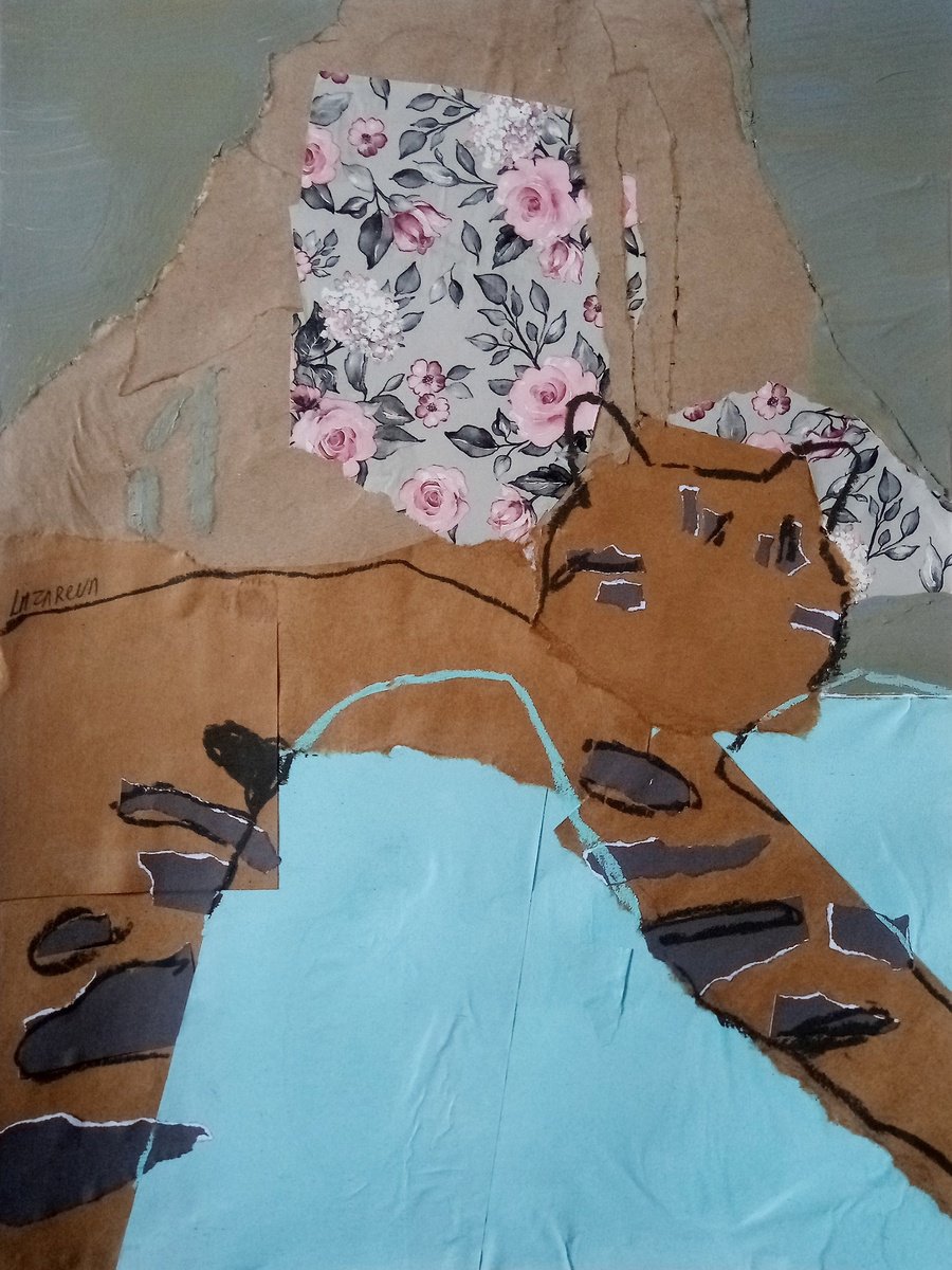 Portrait Collage By Valerie Lazareva, 14 X 19", #17/24 Tiger Cat With Me, Original Artwork