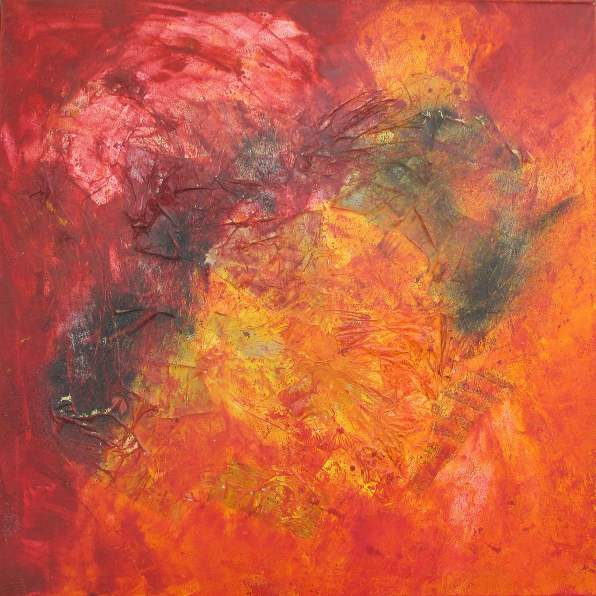 Vulcano on fire abstract red - informel collage painting xl 39x39 inch by Sonja Zeltner-Muller