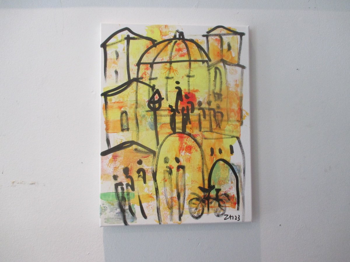 Expressive Cityscapes Acrylic Painting By Sonja Zeltner-Muller, 12 X 16", Italy In Yellow, Original Artwork