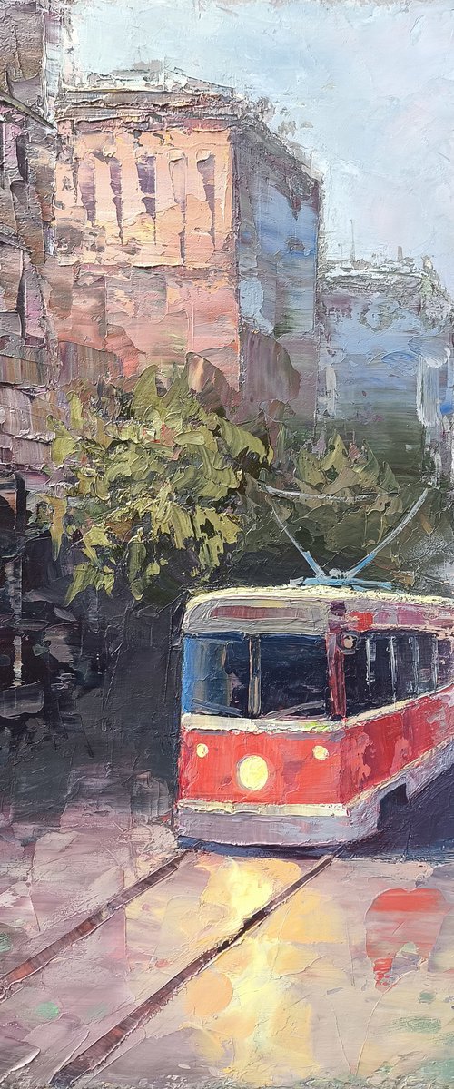 Red Tram Through the City by Kamo Atoyan