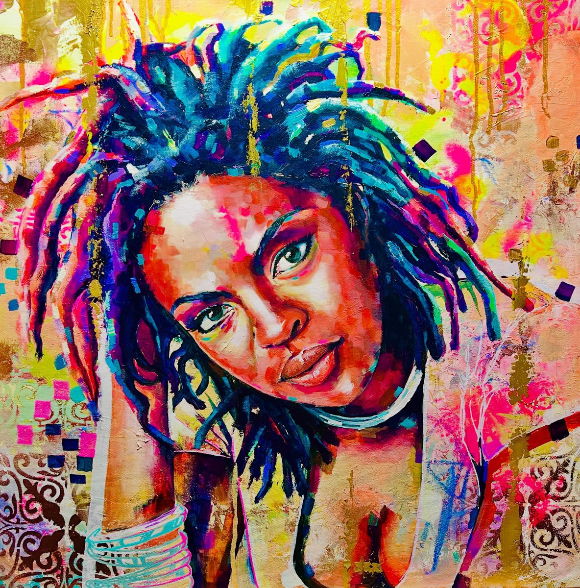 Expressive Portrait Acrylic Painting By Kirsten Todd, 24 X 24", Iconic Women - Lauren Hill, Original Artwork