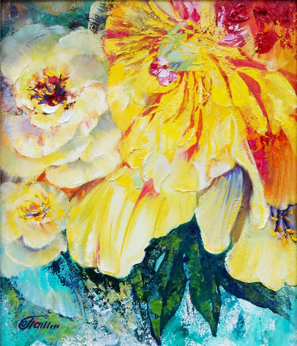 Sun flowers on winter window by Olga Panina