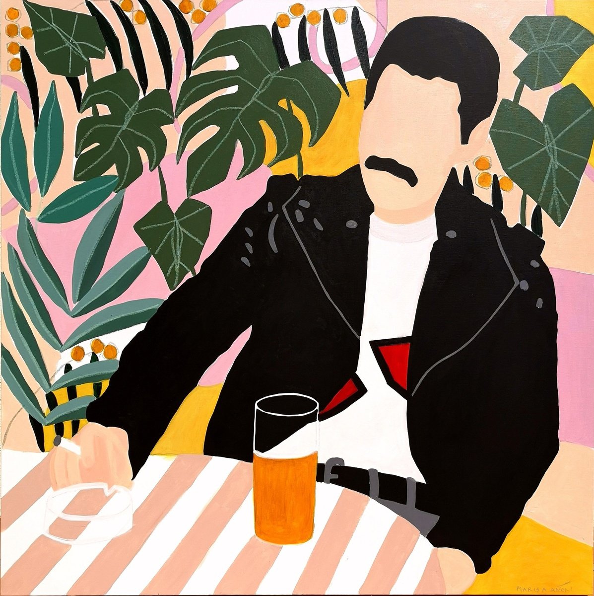Urban And Pop Portrait Painting By Marisa Anon, 35 X 35", Freddie In The Garden, Original Artwork