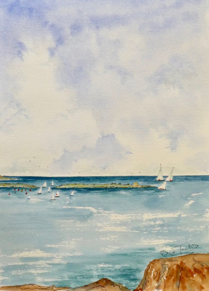 Impressionistic Landscape Watercolour By Brian Tucker, 10 X 14, Sailing At The Iles De Lerin, Original Artwork