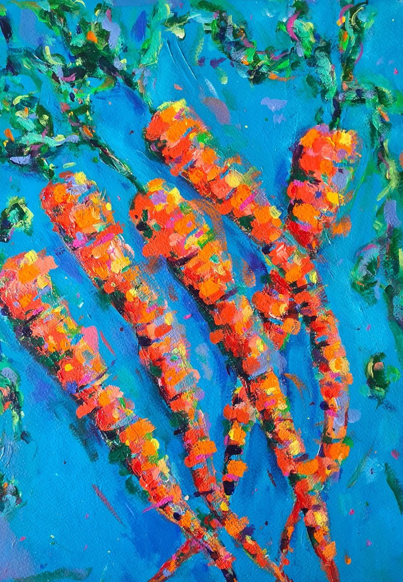 Impressionistic Still Life Acrylic Painting By Dawn Underwood, 12 X 17, Carrots, Original Artwork