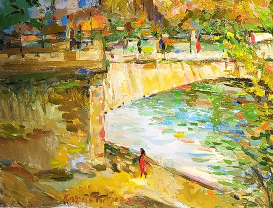 SUNNY DAY on CITE ISLAND, PARIS - Notre Dame - autumn landscape, original oil painting, city France, bridge Seine