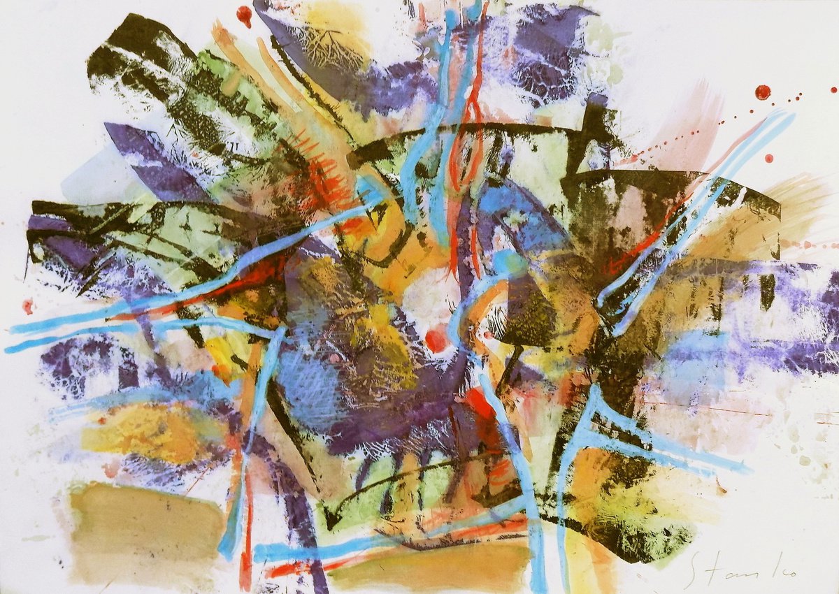 Abstract Acrylic Painting By Stanislav Bojankov, 28 X 20", Improvisation-Xxxi, Original Artwork