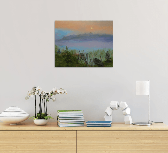 Sunset at the River - Original Oil Painting Impressionism Gift Idea of Countryside Twilight Wooden Boat Stillness Peace
