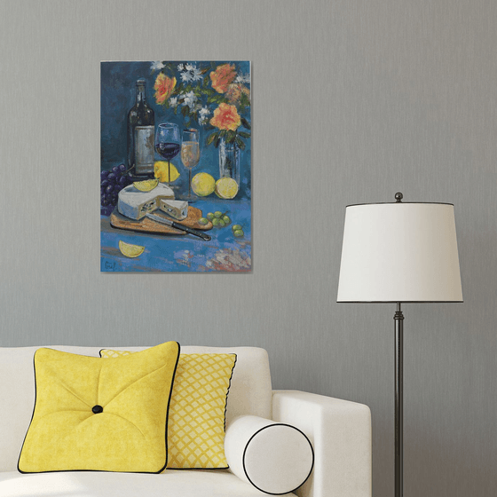 Evening Still Life with Wine and Citrus