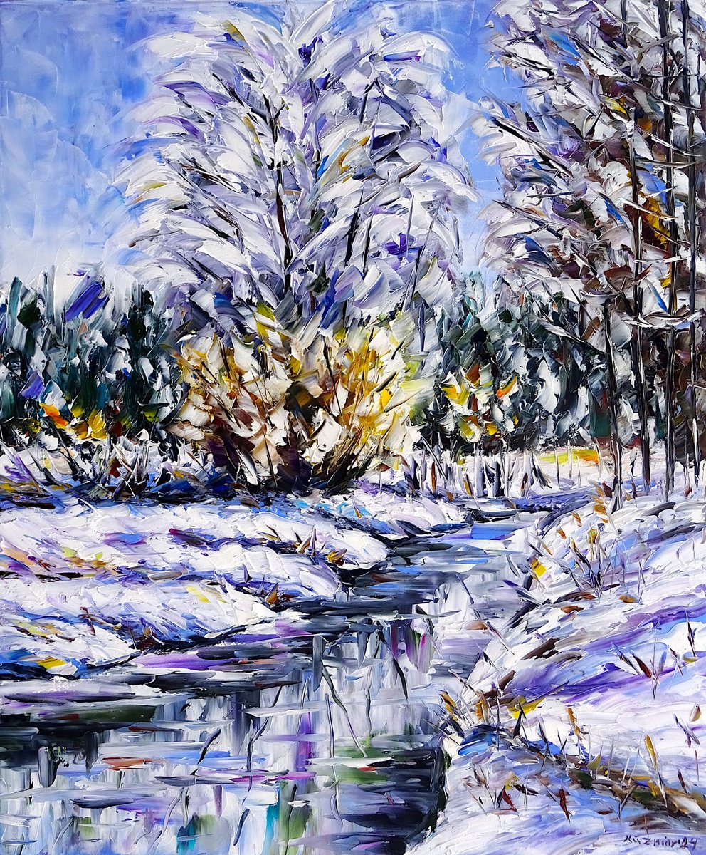 Expressive Landscape Oil Painting By Mirek Kuzniar, 20 X 24", Winter Stream, Original Artwork