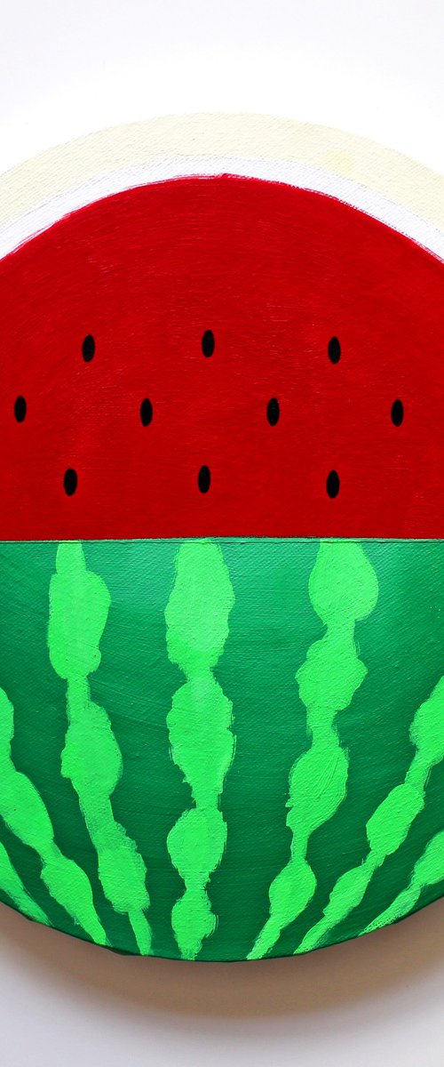 Watermelon Pop Art Painting on Circular Canvas by Ian Viggars