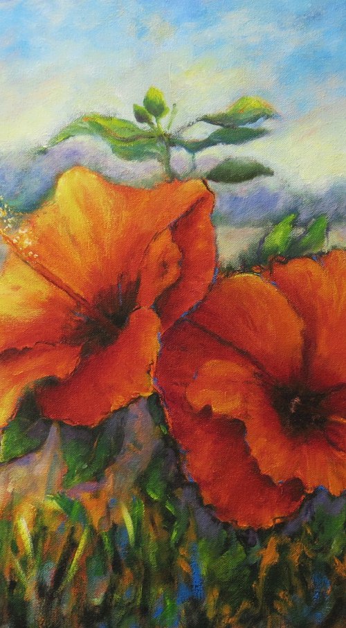 Red Hibiscus in a Landscape by Maureen Greenwood