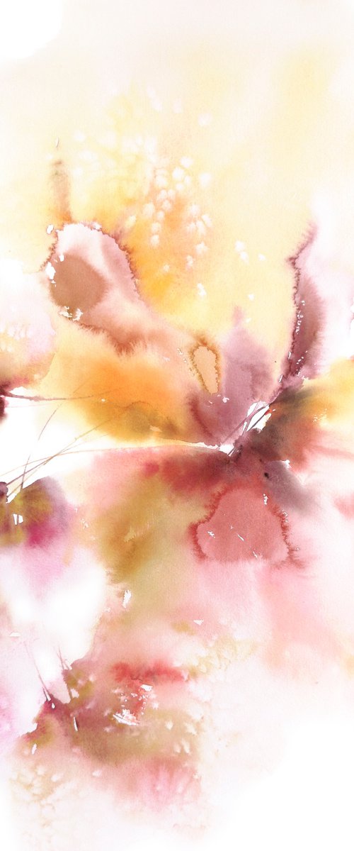 Yellow abstract flowers watercolor painting "Sunny day" by Olga Grigo