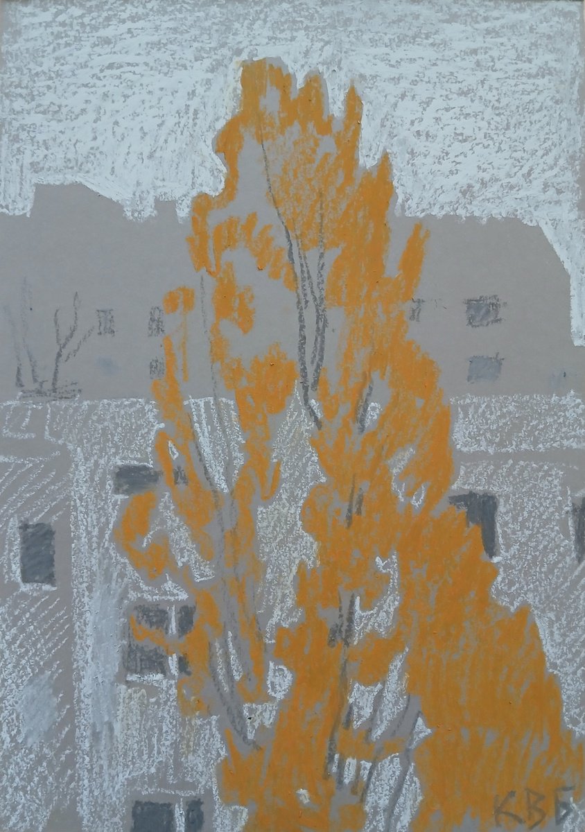 Graphic Cityscapes Pastel Drawing By Vasyl Koval, 8 X 12", Grey Day, Original Artwork