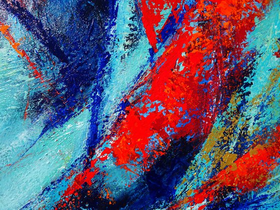 MOMENTS IN TIME II. Teal, Blue, Aqua, Navy, Red Contemporary Abstract Painting with Texture