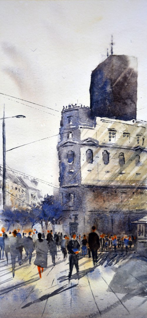 Belgrades hurry hour near London crossroads by Nenad Kojić watercolorist