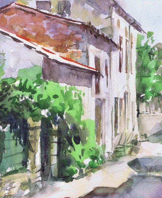 Montcabrier. Street of the small french town. Watercolour by Marina Trushnikova. Cityscape. Architectural scenery. Plain air artwork.