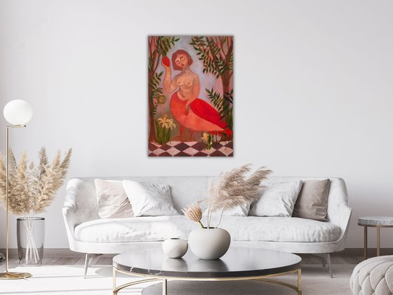 Sirens Art Modern Woman Nude, Bird Woman, canvas, oil - Garden guards 63x90 cm