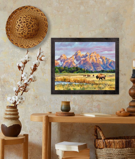 Teton mountain landscape with bisons