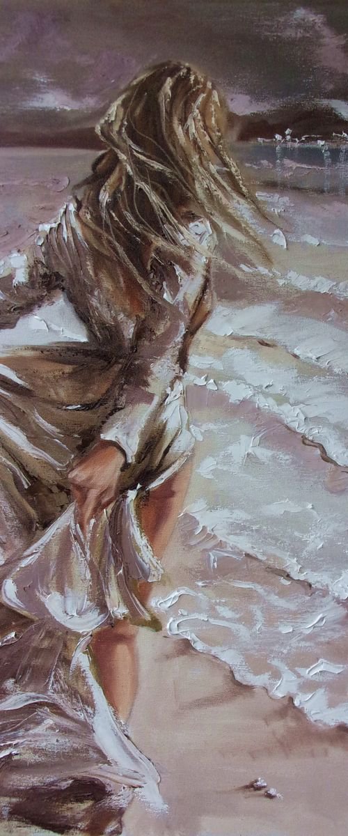 " DANCING WITH WAVES ... "- SKY SEA SAND liGHt  ORIGINAL OIL PAINTING, GIFT, PALETTE KNIFE by Monika Luniak