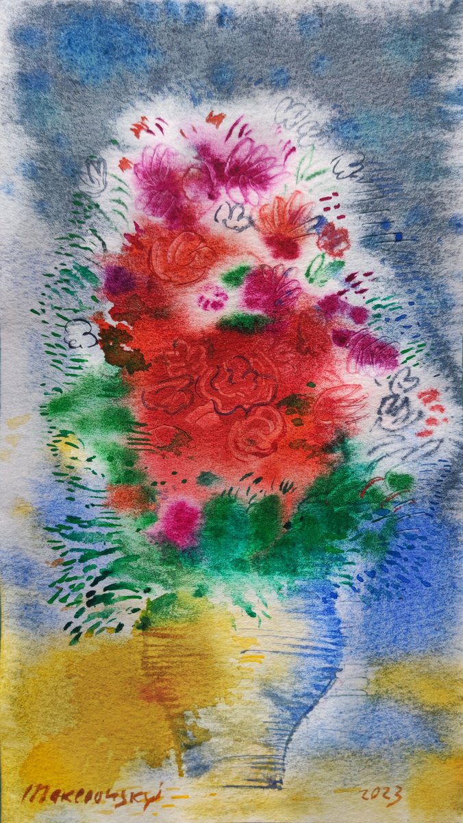 Impressionistic Botanical Watercolour By Pavlo Makedonskyi, 4 X 8", Red Flowers, Original Artwork