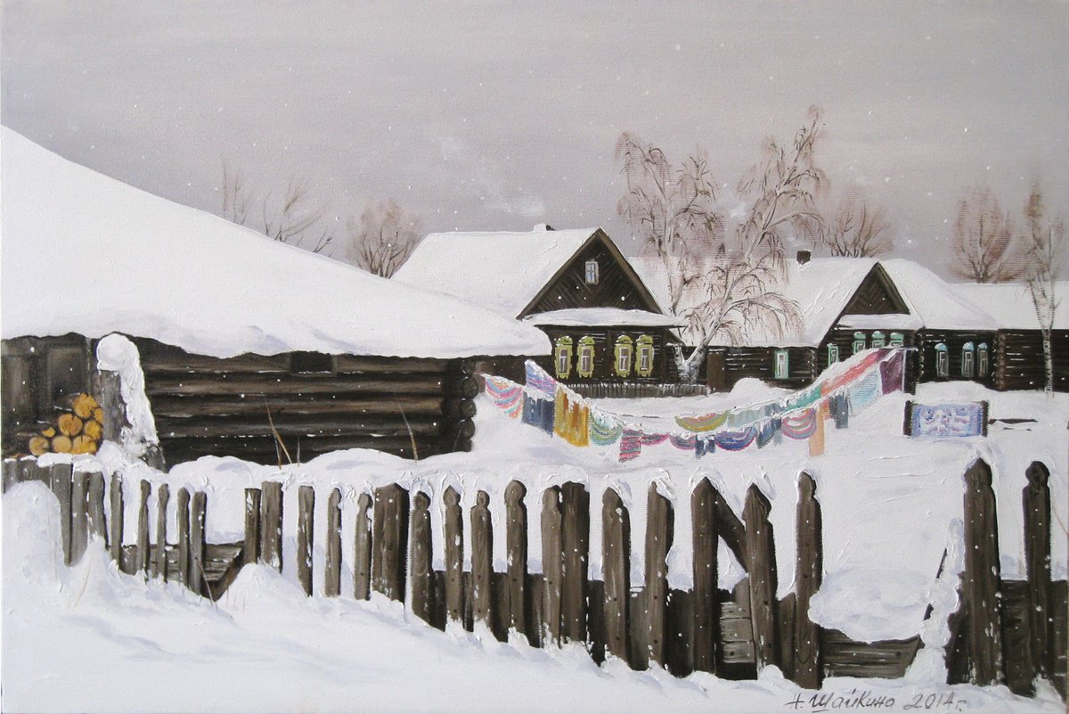 Snowfall on the Farm, Winter Painting by Natalia Shaykina