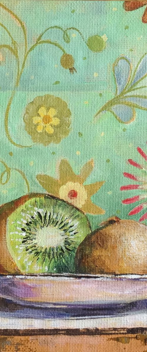 Kiwi fruit with a floral background by Luci Power