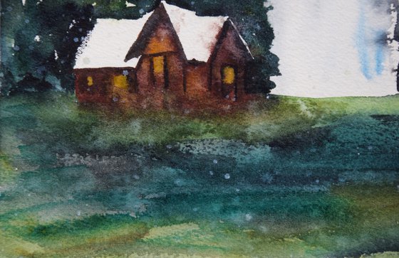 Waterfall landscape original watercolor painting, woodland house art