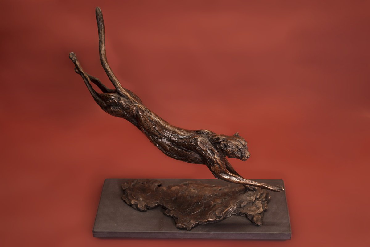 Animal Bronze Sculpture By Tanya Russell, 16 X 9", Running Cheetah Foundry Bronze, Original Artwork