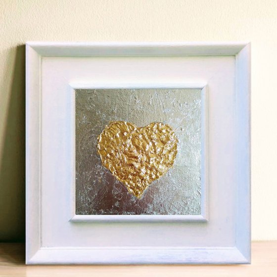 Gold Heart Painting Original Art Silver Leaf Artwork Impasto Mini Wall Art