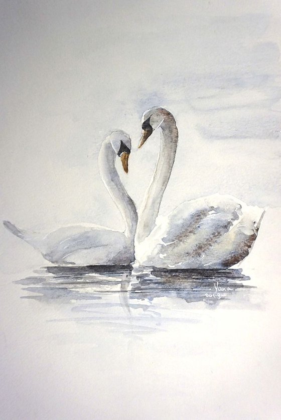 White Swans ORIGINAL Watercolor Painting, Birds in Love