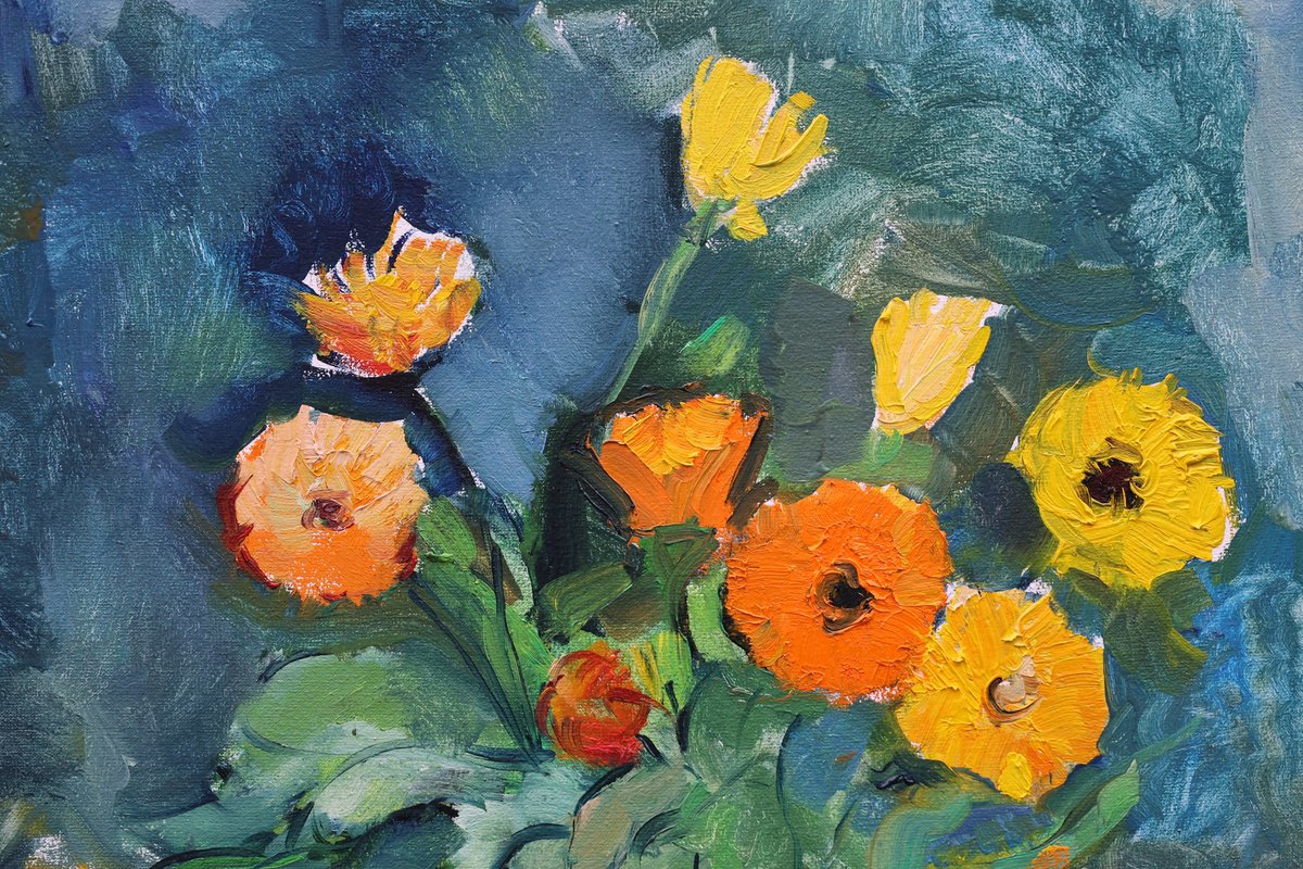 Impressionistic Still Life Oil Painting By Artem Andreichuk, 22 X 28, Calendula, Original Artwork