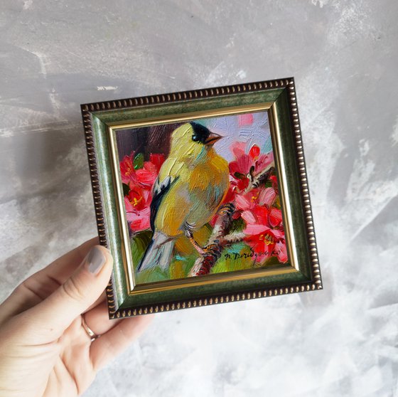 Original bird painting 4x4 in oil, Painting yellow bird on blossom branch, Bird art painting framed, Small painting of birds for bird lovers