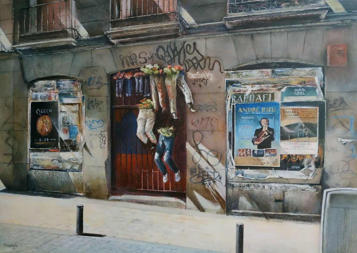 Photorealistic Cityscapes Oil Painting By Tomas Castano, 28 X 20", Calle Del Pez. Madrid, Original Artwork