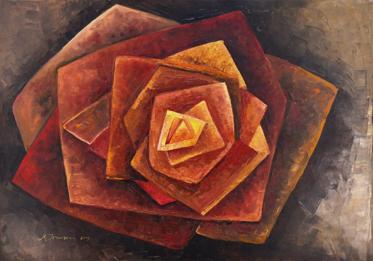 Geometric Botanical Oil Painting By Mihaela Ionescu, 39 X 28", Alive, Original Artwork