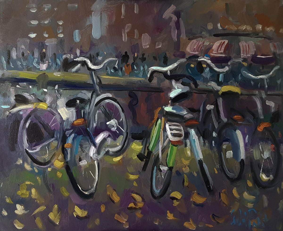 Impressionistic Landscape Oil Painting By Andre Pallat, 24 X 20, Bicycles By The Canal, Original Artwork