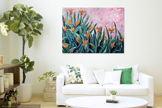 Big original oil painting Flowers Bird of paradise