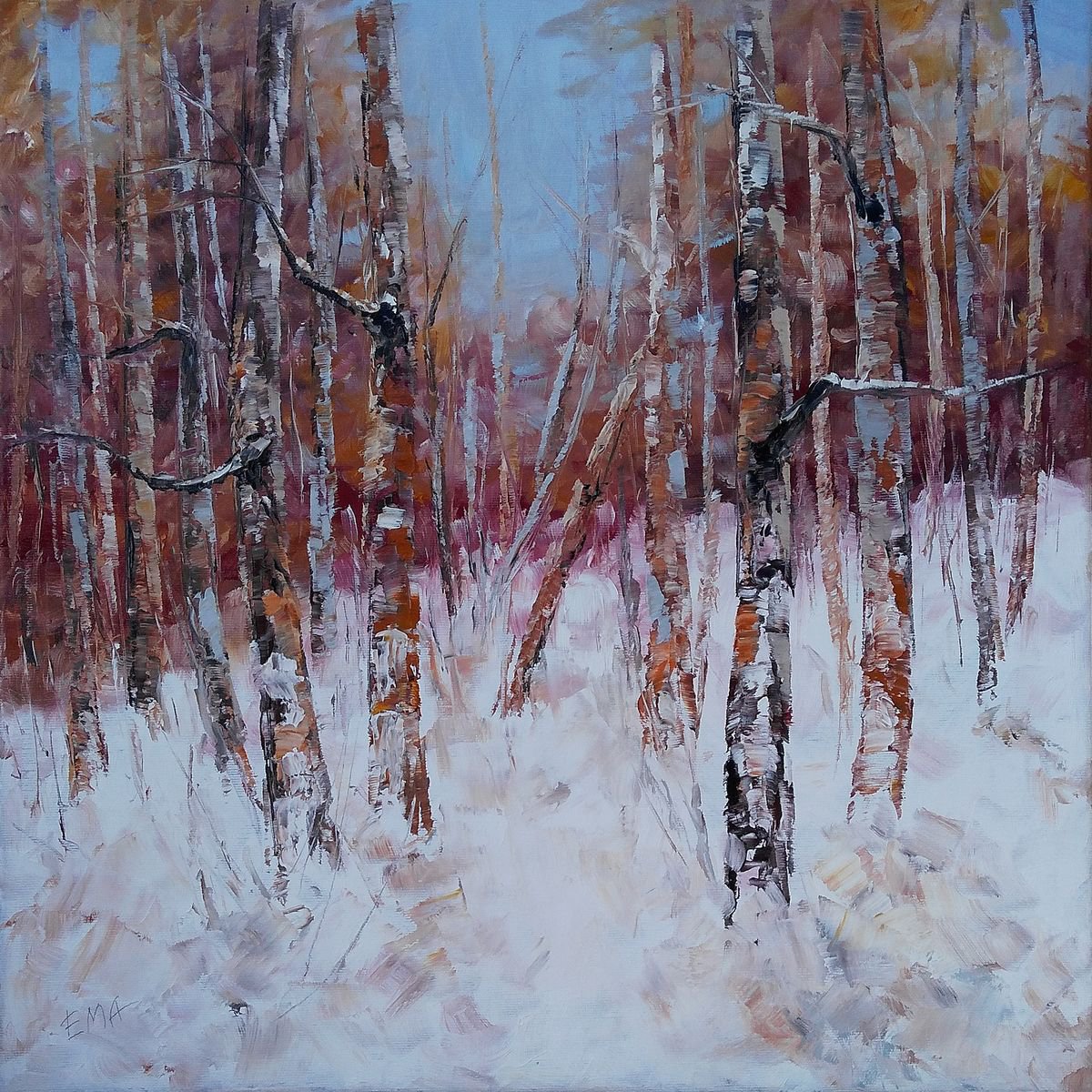 WINTER POETRY #3, 50x50cm, snow forest trees landscape by Emilia Milcheva