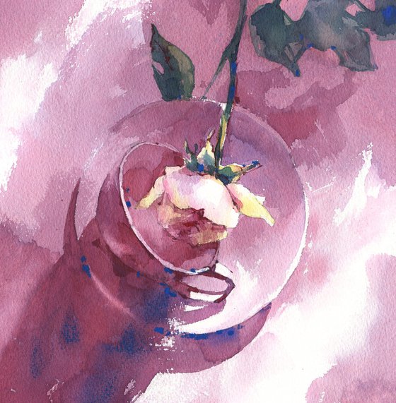 "Shadow Dance" contemporary still life with cup and rose in purple tones watercolor
