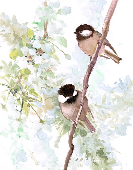 Chickadees on a Spring Tree