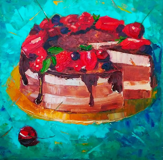 For tea, Cake Painting Original Art Dessert Artwork Kitchen Wall Art Food Impasto Painting 40x40 cm, ready to hang