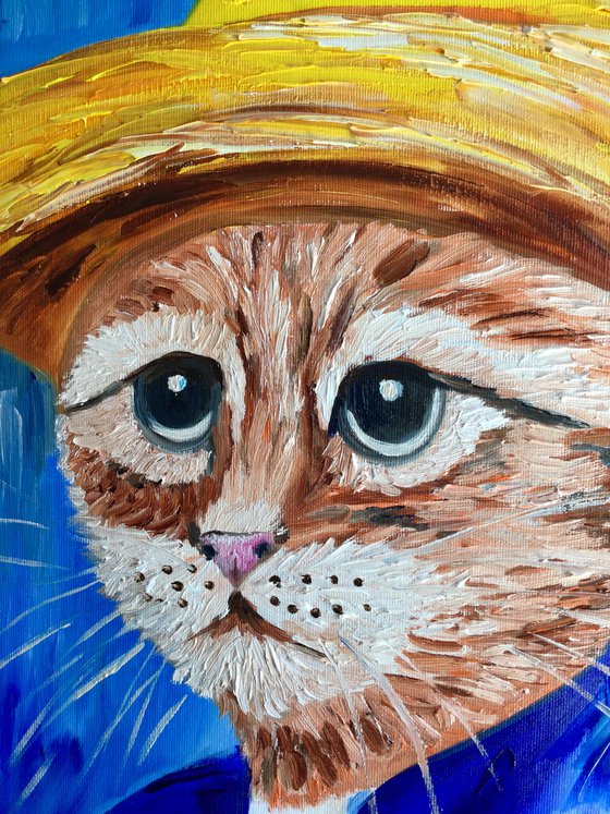 Cat La Van Gogh in a straw hat modern oil painting feline art Van Gogh influence art for animal lovers