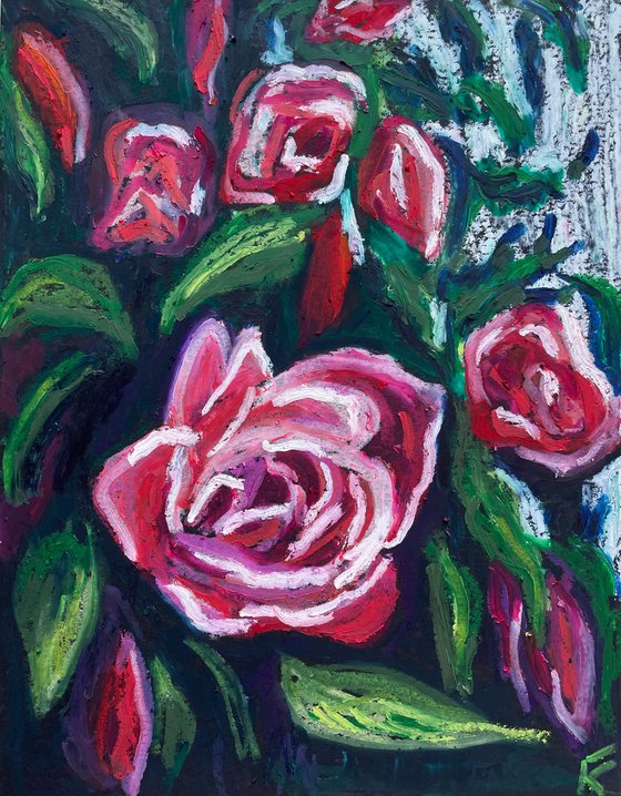 Rose Original Panting, Oil Pastel Painting, Hand Painted Card, Gifts for Her, Dark Floral Wall Art