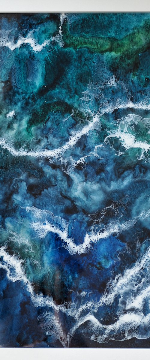 Sea vibe - original seascape artwork, watercolor and epoxy waves by Delnara El