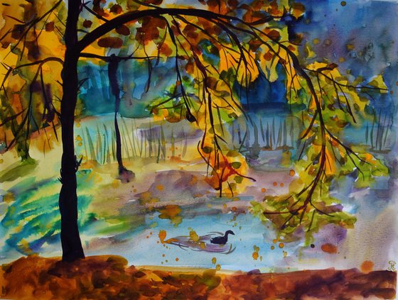 Big watercolor painting Autumn forest lake