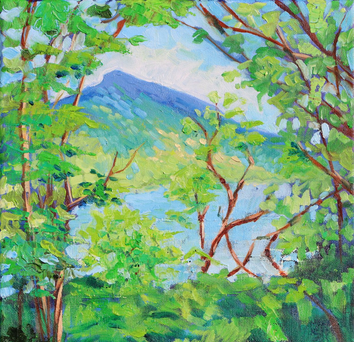 Thru The Trees, Pale Blue Hills By Mary Kemp, 12 X 12, Artwork For Sale On Artfinder