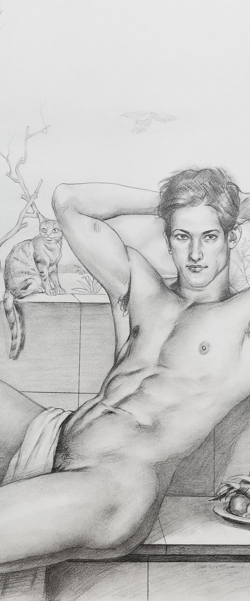 Young man with a cat by Hongtao Huang