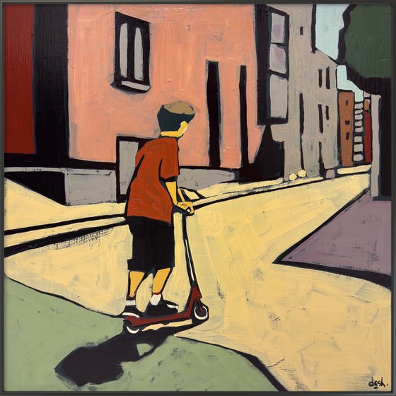 Boy on a Scooter — 16x16 in Original Painting