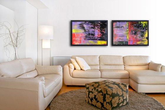 "We Want It All" - FREE USA SHIPPING - Original PMS Abstract Diptych Acrylic Paintings On Plexiglass, Framed - 76" x 26"